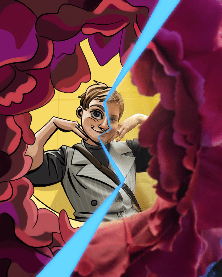 A digital drawing on top of a picture of Quinn. The digital drawing portion is on the left, separated by the picture by a zigzag blue line. They are holding their hands up to frame their face and have a closed mouth smile. They are wearing a desaturated blue vest on top of a dark grey sweater. Their hair is brown, their skin is light, and their eyes are blue. They are framed by a circle of flower petals.